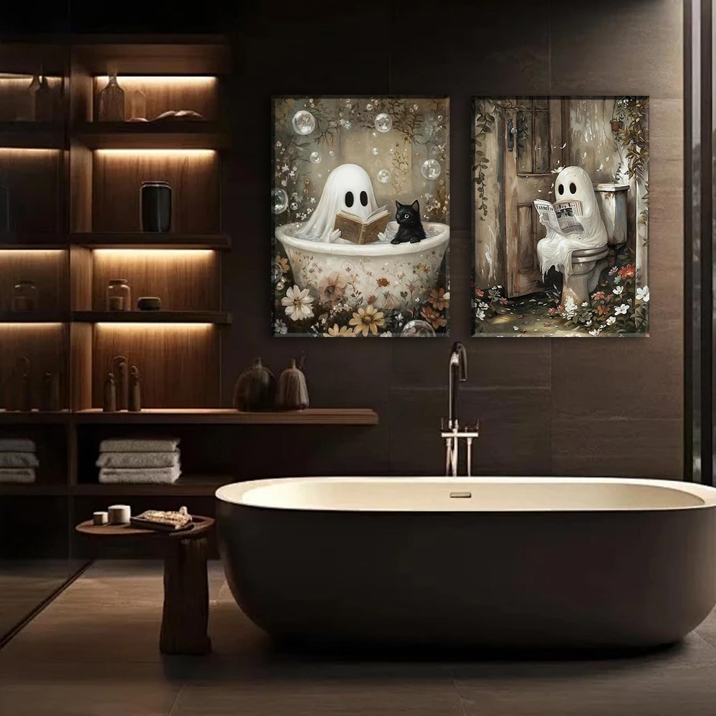Framed Ghost Canvas Wall Art Set of 2 Cute Ghost Cat Reading in Bathtub Painting Rustic Whimsical Halloween Poster Picture Prints Décor for Bedroom Bathroom Restroom Spa 12x16 Inch