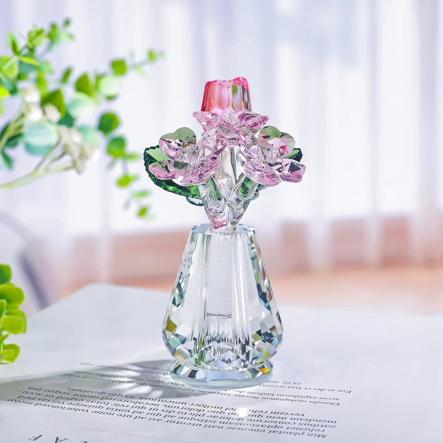 Crystal Rose Flower Figurine with Vase, Handmade Glass Flower Gifts for Woman, Wedding Gifts for Wife, Home Party Decorations (Pink)