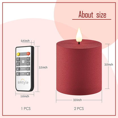 smtyle 3x3 Red Pillar Candles Set of 2 Flameless LED Flickering Battery Operated with Remote and Timer for Christmas Decor