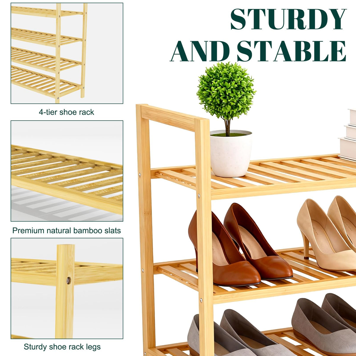 Bambly 4 Tier Bamboo Wooden Shoe Rack for Closet & Entryway, Free Standing Shoe Rack Stand Organizer Shelf for Garage, Bedroom, Small Space Storage, Stackable