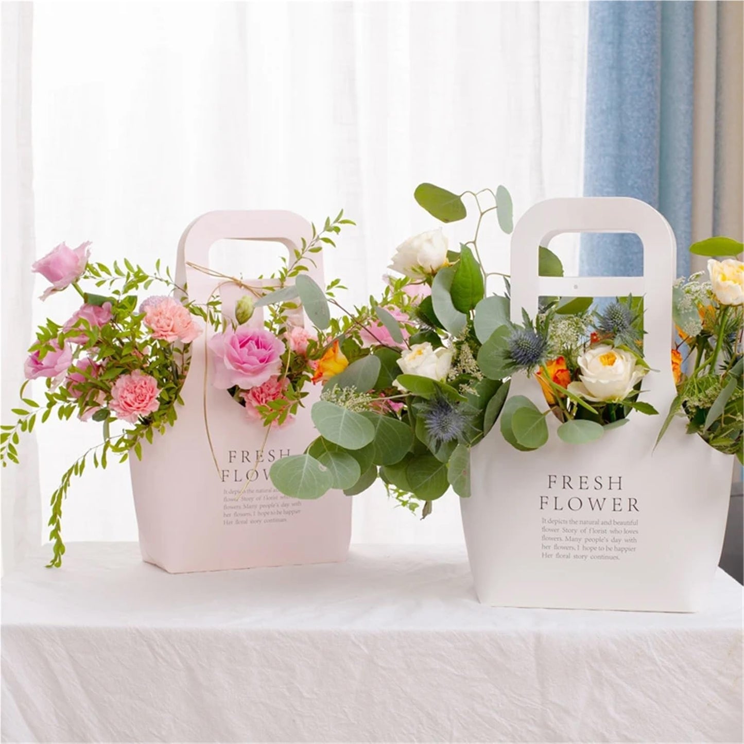 Nikeg Kraft Paper Flower Gift Bags 10Pcs Korean Portable Flower Box, Kraft Paper Bouquet Arrangement Packaging Bag, Creative Waterproof Gift(White,Big)