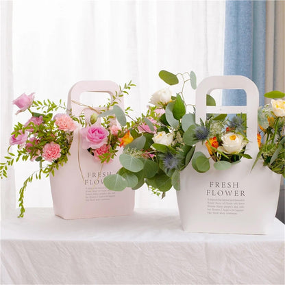 Nikeg Kraft Paper Flower Gift Bags 10Pcs Korean Portable Flower Box, Kraft Paper Bouquet Arrangement Packaging Bag, Creative Waterproof Gift(White,Big)