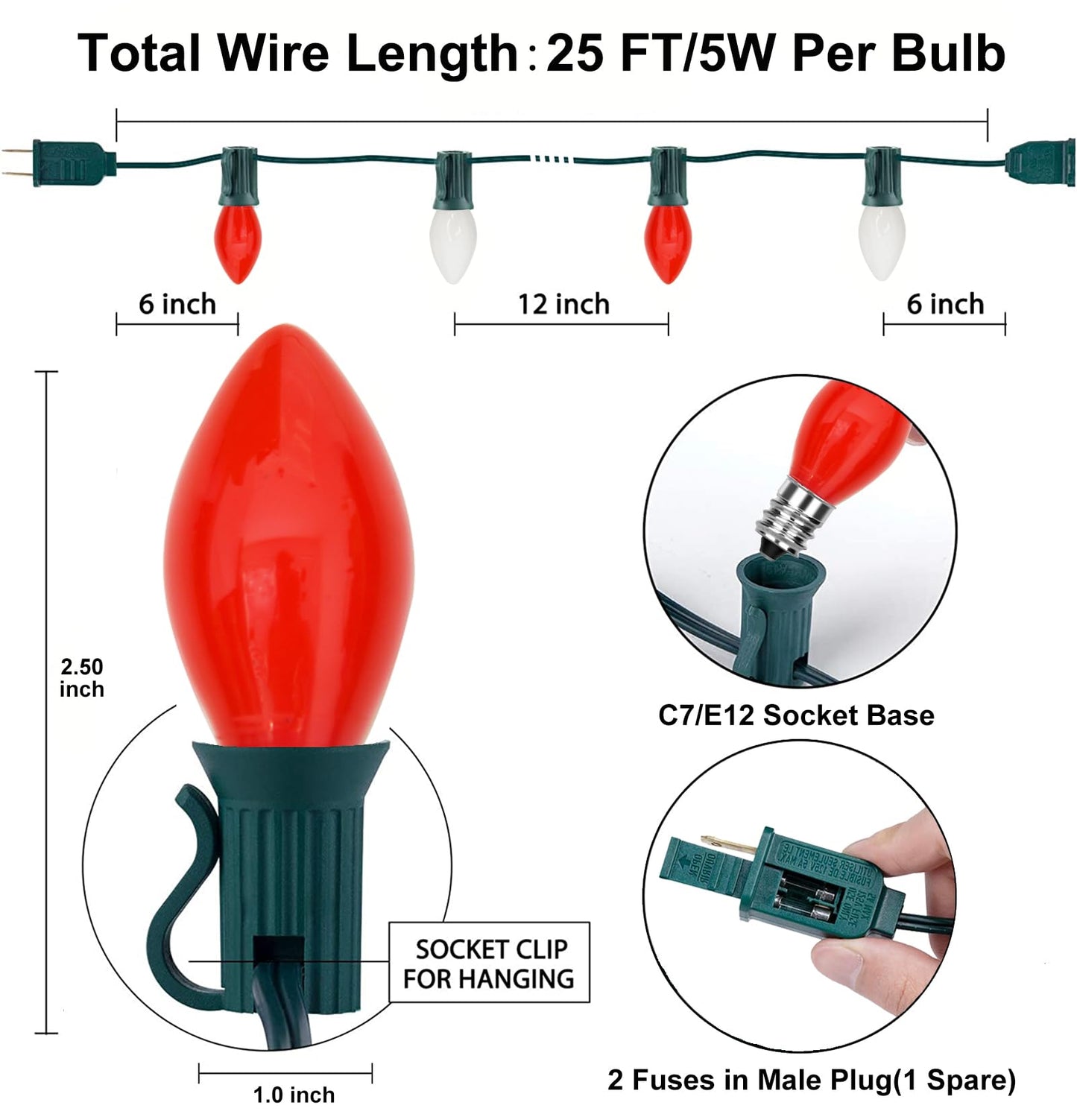 C7 Christmas String Lights 25 Feet Outdoor String Lights with 27 5W Red White Glass Bulbs(2 Spare), Connectable Hanging Christmas Lights for Backyard Patio Balcony Party Xmas Decor, Green Wire