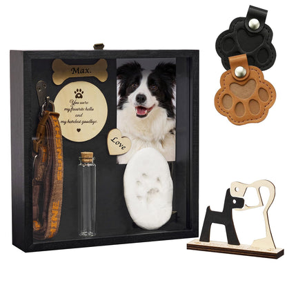 Beech Wood Pet Memorial Shadow Box with Custom Wooden Nameplate, Large Paw Print Ink Pad Kit & Dog Paw Keepsake Keychain, Pet Ashes Fur Jar Sympathy Gift for Dog & Cat Lovers,Black