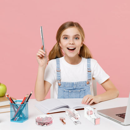 Office Supplies Set Desk Accessory Kit, Acrylic Stapler Set Staple Remover, Tape Dispenser, Binder Clips, Paper Clips, Ballpoint Pen and Scissor with 1000 Pieces 26/6 Staples (Pink)