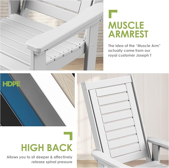 GREENVINES Outdoor Rocking Chairs | Set of 2 | Porch Rocker | HDPE Plastic | White | Oversized Rockers | High Back | Big & Tall | Ladder Back | for Patio Outside Backyard Balcony Garden