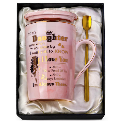 Daughter Birthday Gifts from Mom Dad - Unique 14oz Pink Marble Gold Print Coffee Mug, Lid, Spoon, Greeting Card, Presents for Wedding Blessing, Thanksgiving, Valentines, Graduation, Nice Gift Boxed