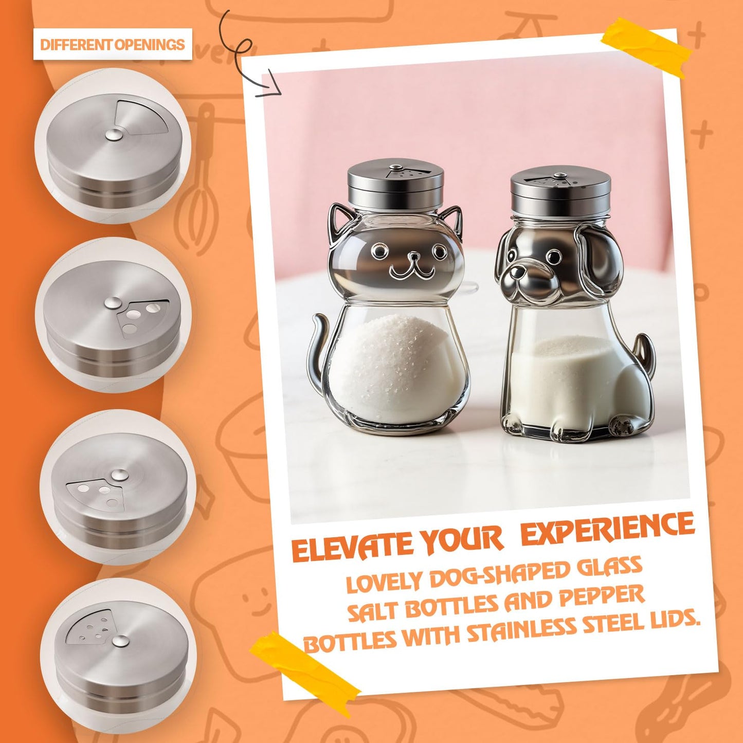 Funny Salt and Pepper Glass Bottle, Cute Salt Pepper Containers with Glass Bottle Stainless Steel Lids for Kitchen Cooking, Bbq, Bar, Table, Rv, Camp 2 Pcs (cats)