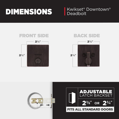 Kwikset Downtown Deadbolt Lock, Matte Black Square Exterior Keyed Front Entry Door, Pick Resistant SmartKey Rekey Security, Single Cylinder Dead Bolt, with Microban Protection