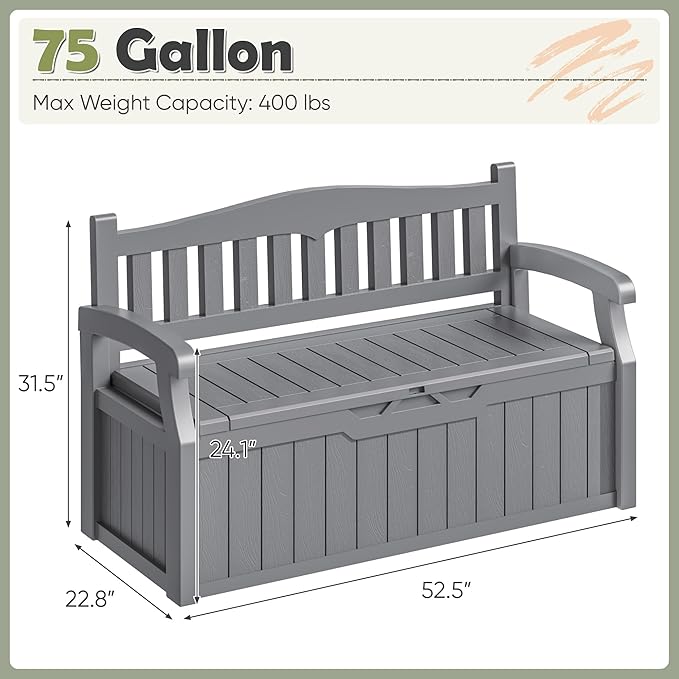 Homall 75 Gallon Outdoor Storage Benches Lockable Deck Box with Waterproof and UV Resistant, Waterproof Storage Box for Patio Furniture, Tools, Cushions (Grey)