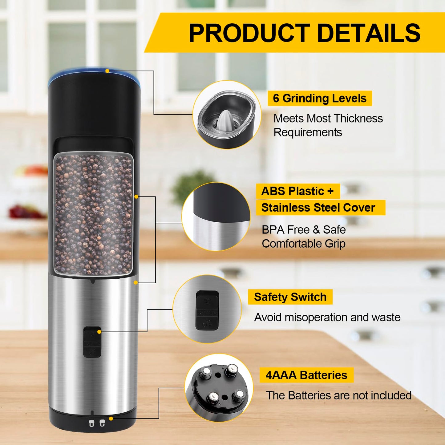 Asdmuchin Gravity Electric Salt and Pepper Grinder Set, Automatic Battery Pepper Mill Grinder, Large Capacity, Adjustable Coarseness, Stainless Steel, LED Light