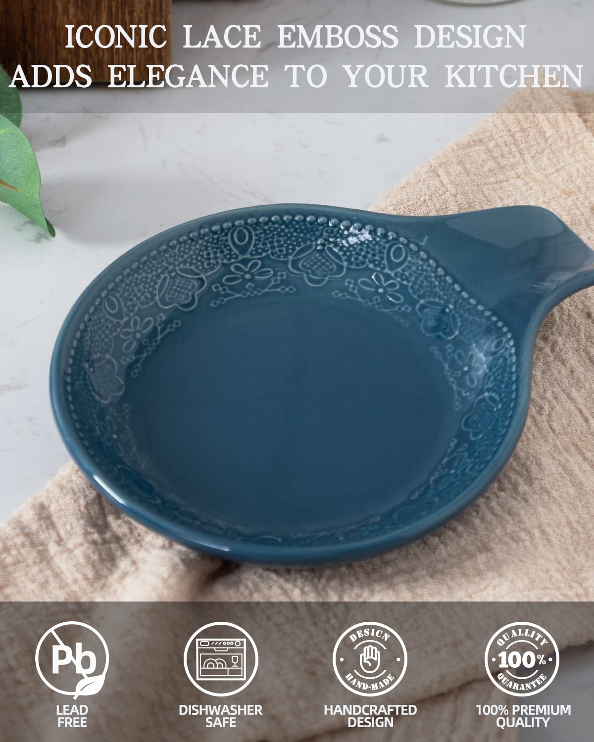 Lace Embossed Utensil Tray, Ceramic Spoon Rest, 5.5" diameter (Grayish Blue)