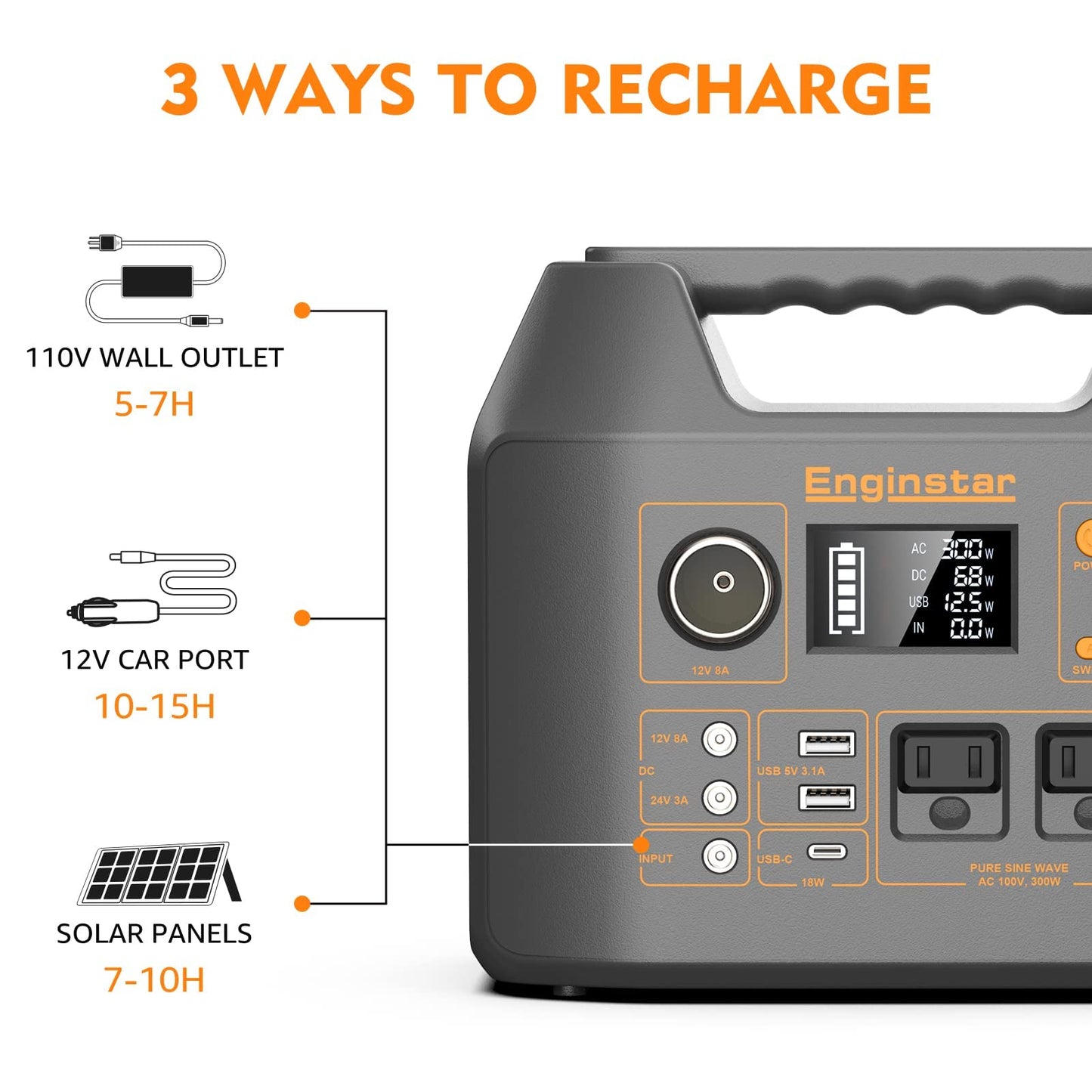 Portable Power Station EnginStar 300W Solar Generator 110V 296Wh Power Bank Two Pure Sine Wave AC Outlet 80000mAh Lithium Battery Pack for Camping Outdoors Trip RV Hunting Vans Emergency Backup