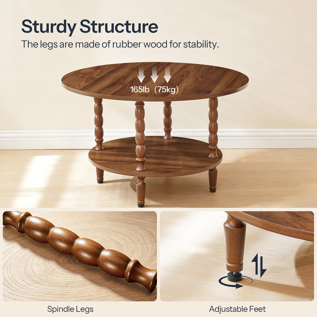 HOOBRO Coffee Table, 2-Tier Round Coffee Table, Mid-Century Modern Coffee Table for Living Room, Center Table with 2-Tier Open Storage Shelf, Home Office, Walnut WL75KF01