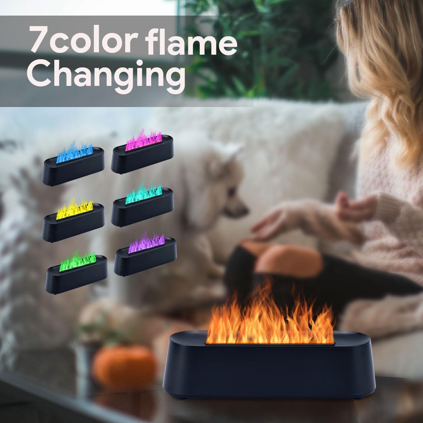 7Color Aroma Diffuser with Remote,Volcano Diffuser for Home Large Room，Flame Diffuser Humidifier 10.7"×3"×3.1" (Black-01)