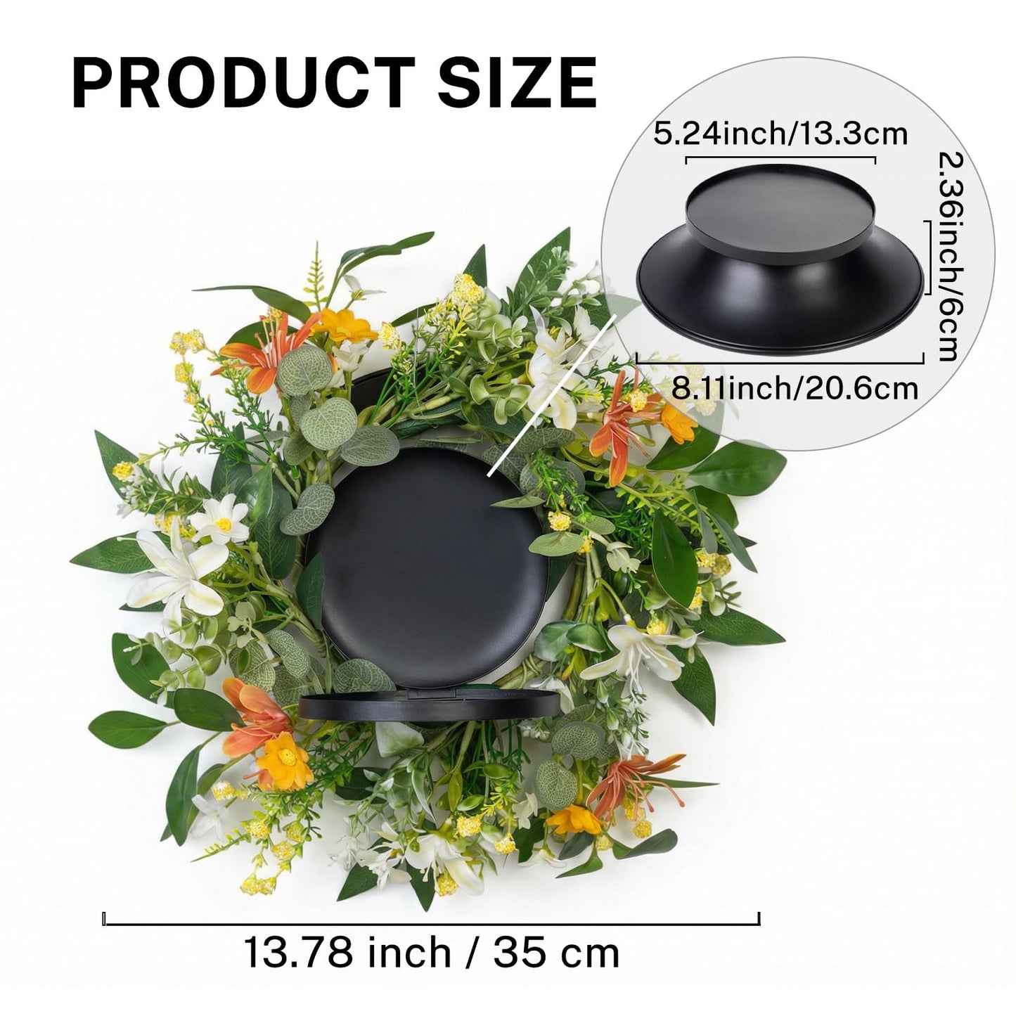 MOYEE Summer Centerpieces for Tables Candle Ring, Black Metal Candlestick with an Artificial Wreaths 14 in Versatile Dining Table Centrepiece (an Orange and White Wreath)