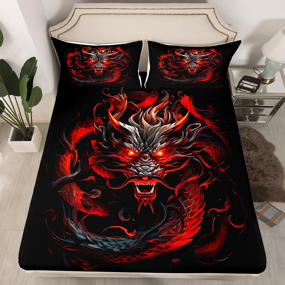 Red Black Dragon Fitted Sheet Queen Size,Glowing Flame Dragon Bedding Set 3Pcs for Kids Boys Men Adult Bedroom Decor,Wild Animals Bed Sheet Cool Magical Style Deep Pocket Sheet,2 Pillowcases