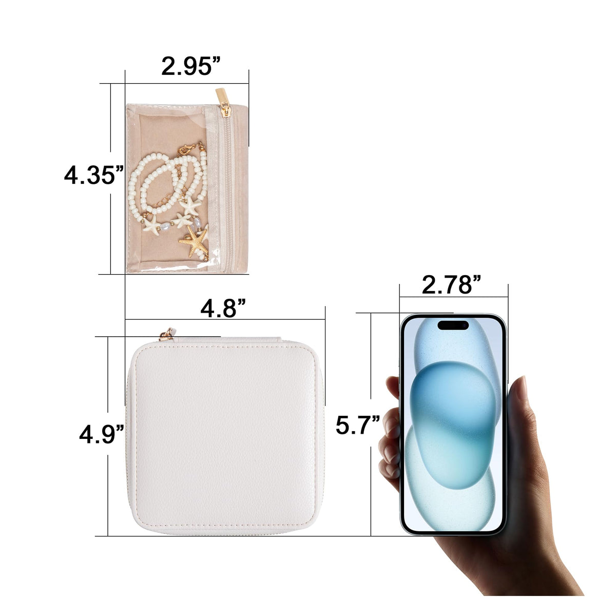 Frebeauty Small Travel Jewelry Box,Travel Jewelry Case with 6 Pouch Bags,Portable Travel Jewelry Organizer,Mini Jewelry Storage,3.35 x 4.9 x 4.8 Inches,Gift Idea for Women Girls (White)
