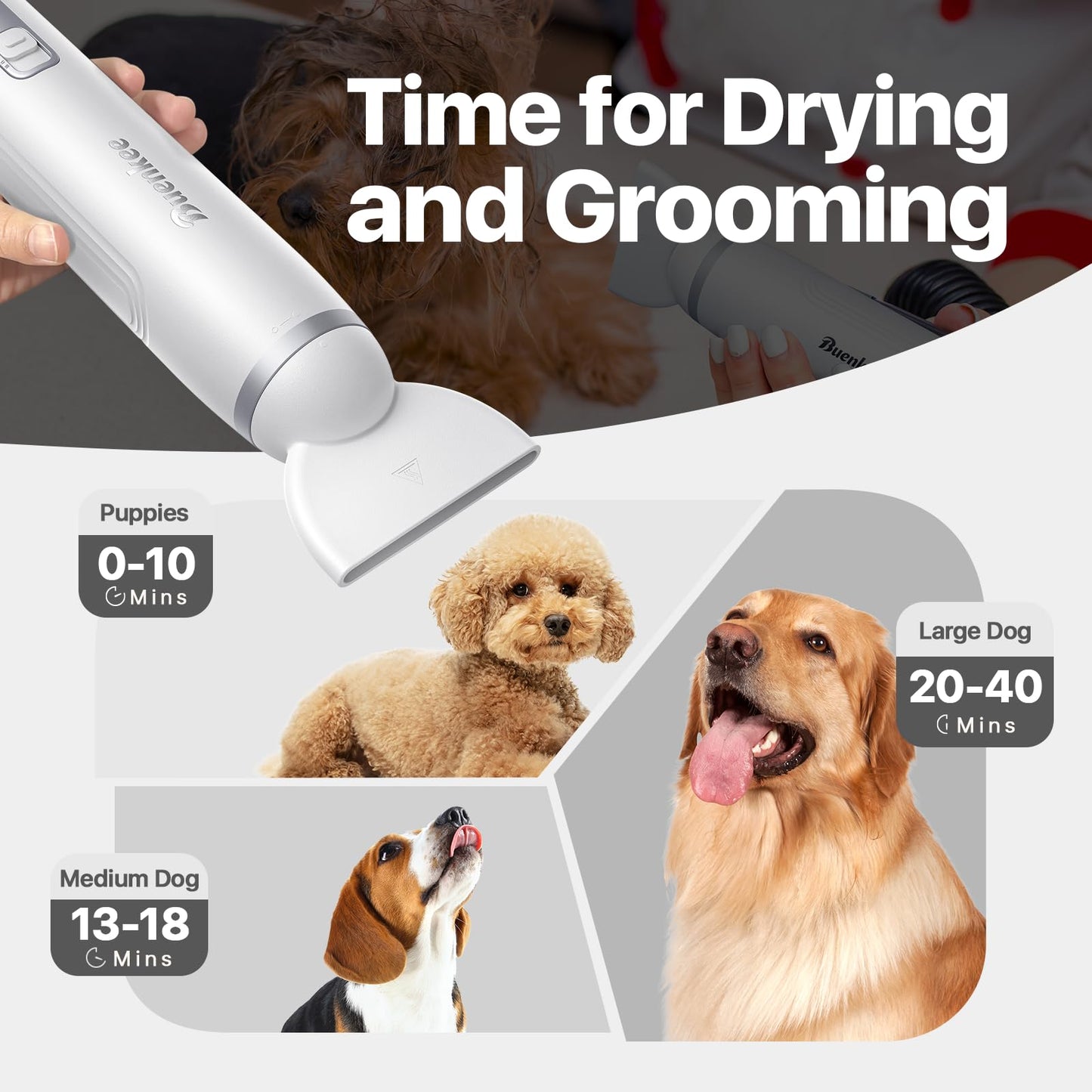 Dog Dryer Handheld Pet Hair Dryer, 3HP High-Velocity Blower with 3 Speeds & 4 Temps Lightweight, Quiet Design. Portable Blow for Travel & Home Grooming. Includes 3 Nozzles (White)