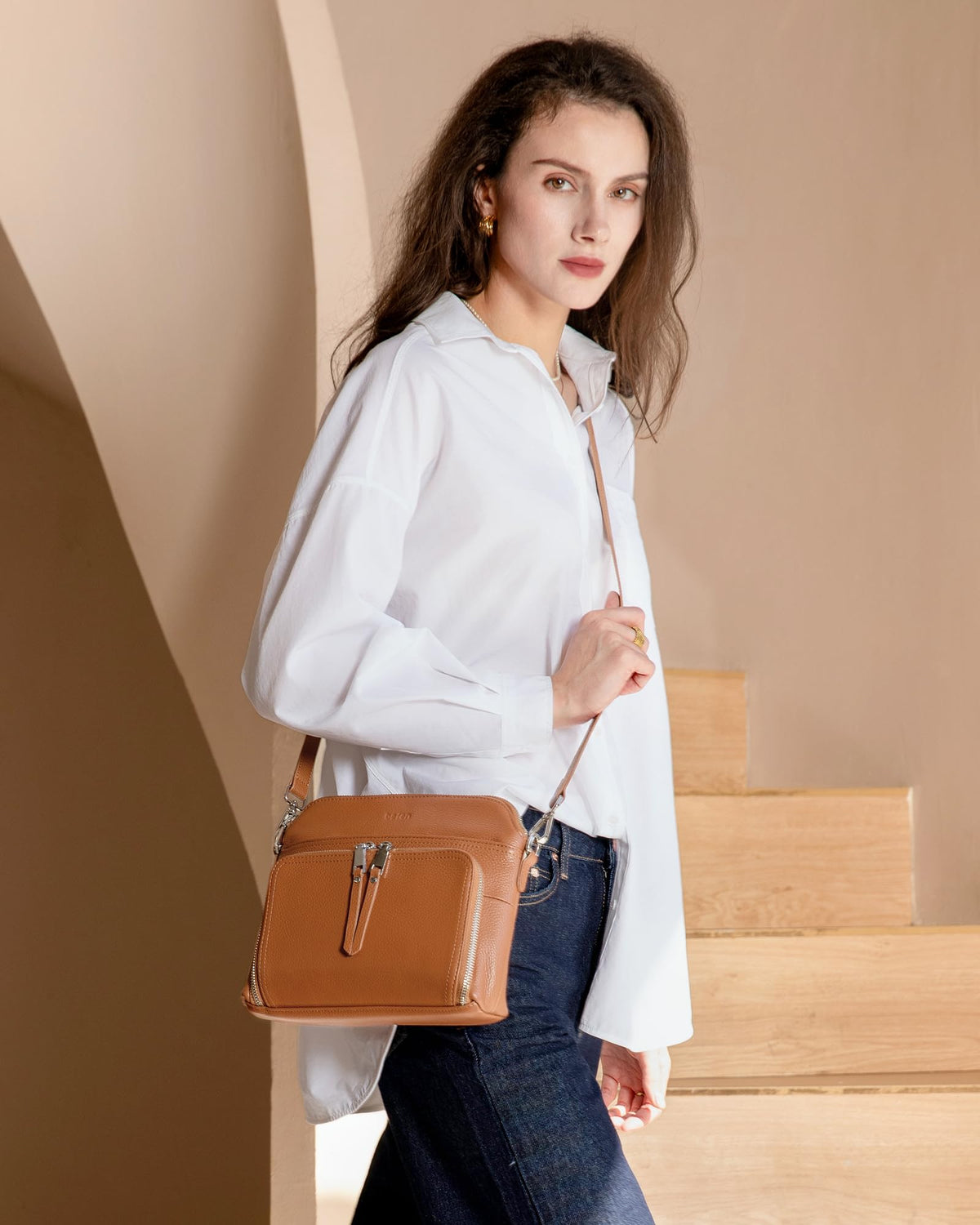 befen Genuine Leather Small Crossbody Purses for Women Shoulder Bags Cross Body Purse with Built in RFID Wallet Cognac Brown