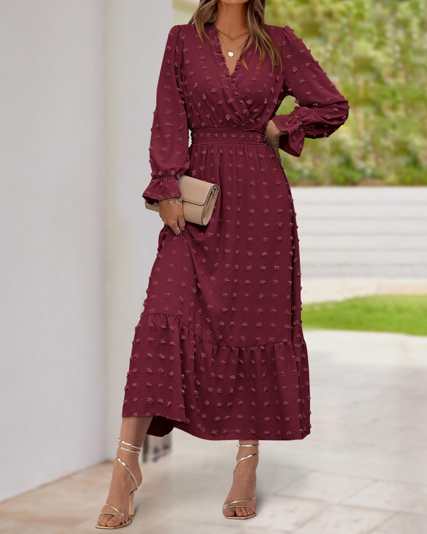 BTFBM Women Fall Maxi Dresses 2025 Long Sleeve V Neck Swiss Dots High Waisted A-Line Ruffle Boho Long Dress Vacation(Wine Red,Small)