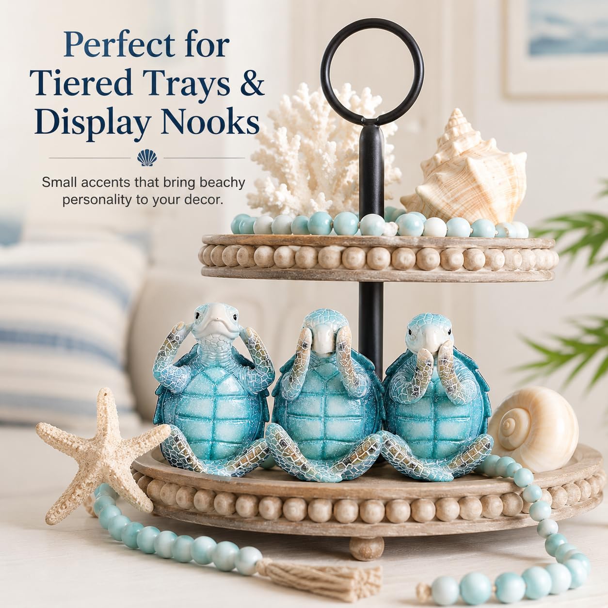 Wise Sea Turtle Sculpture Decor Set of 3,Hear See Speak No Evil Figurines,Summer & Coastal Bathroom Shelf Accents,Blue Ocean Statues for Beach House,Tiered Tray Mantel Decor,Sea Turtle Gifts for Women