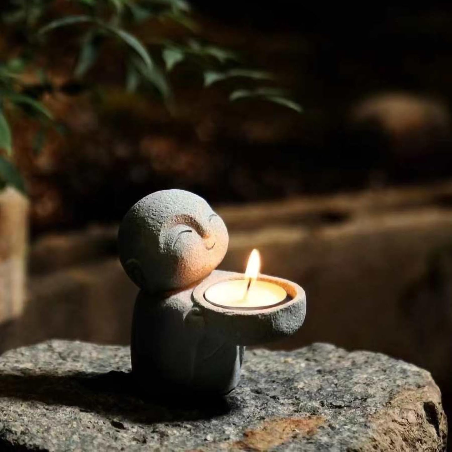 ZKSYLSM Sandstone Buddha Statue Candle & Incense Cone Holder, Small Jizo Figurine for Home Decor, Tiny Buddha Zen Monk Tealight Holder for Desk, Shelf or Nightstand, 3.5" H Mini Stone Decor Gift