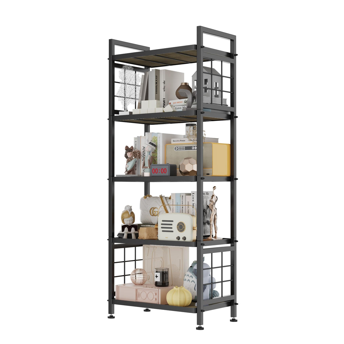 GIOTORENT 5-Tier Pantry Shelves with Wooden Boards, Heavy Duty Storage Shelves & Book Shelf, Adjustable Metal Shelving Unit for Kitchen Bathroom Laundry Organizer, Sturdy Rust-Resistant, Black