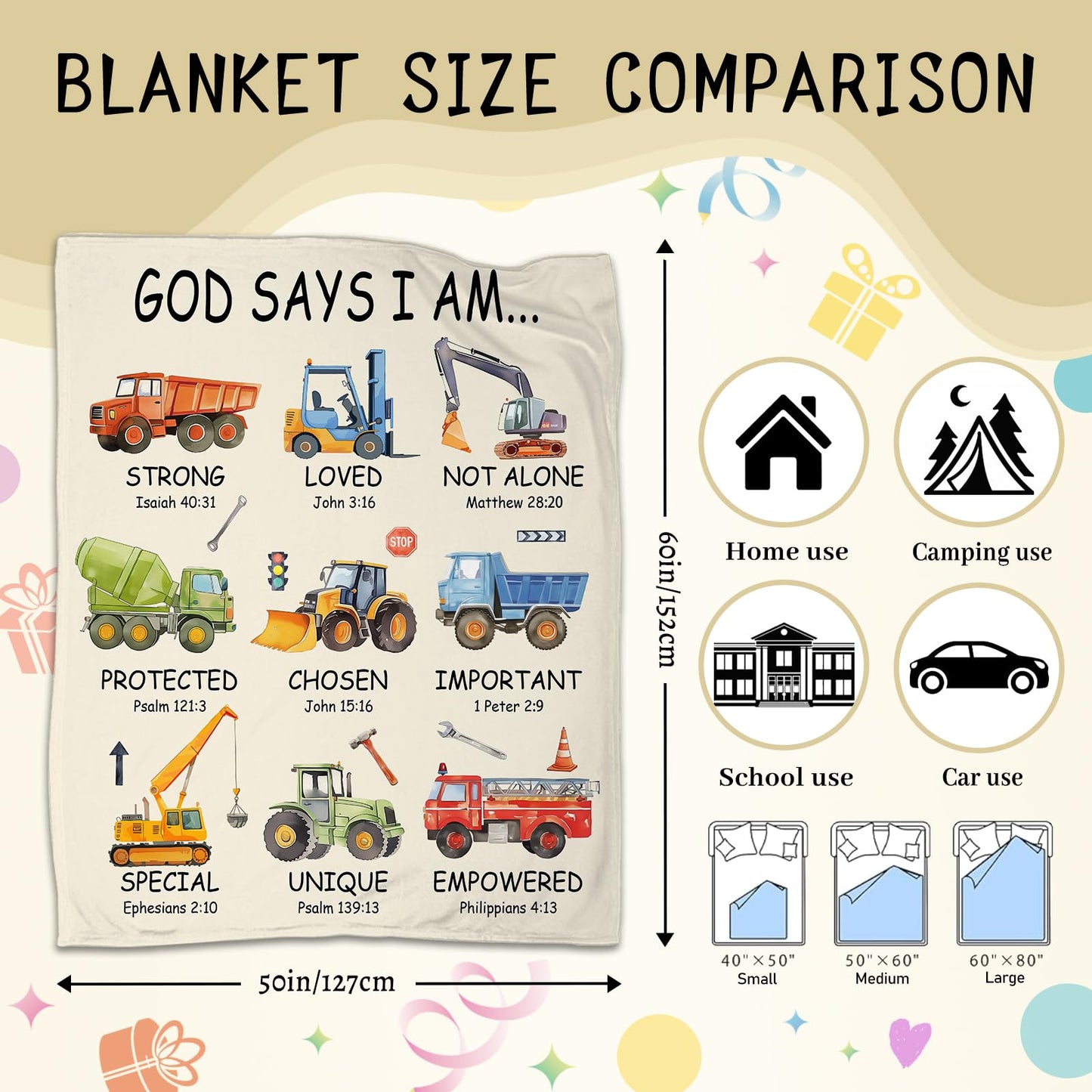 Christian Gifts for Boys, God Says I Am Construction Truck Blanket 50"x60", Inspirational Religious Birthday Gifts for Truck Lover Bible Verse Blanket, Construction truck gifts, Christian truck Gifts