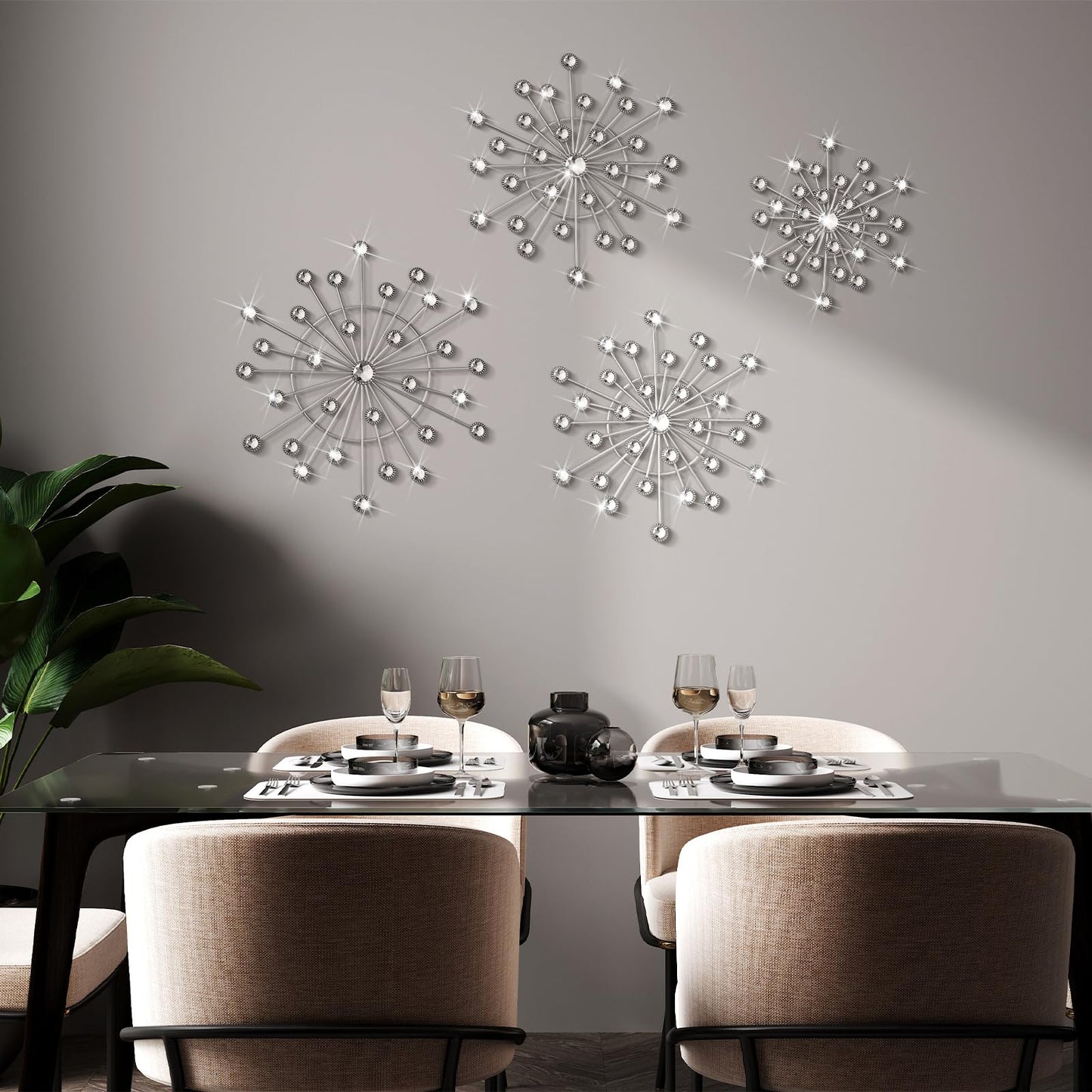 Blulu 4 Pcs Silver Wall Decor Bling Crystal Wall Art Cast Iron Rhinestones Sunburst Decor Metal Starburst Art Hanging Diamond Accents Decorative for Living Room Bedroom Entryway(Silver)