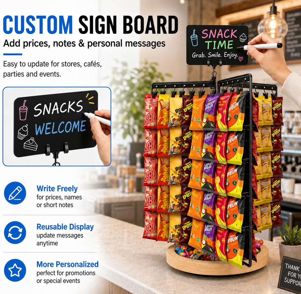 Chip Rack Display Stand, 360° Rotating 6-Sided Chip Holder Display for Countertop with 75 Adjustable Clips, Wooden Base Tray, DIY Message Board & Pen, Snack Display Rack for Concession Stand, Retail, Office, Parties