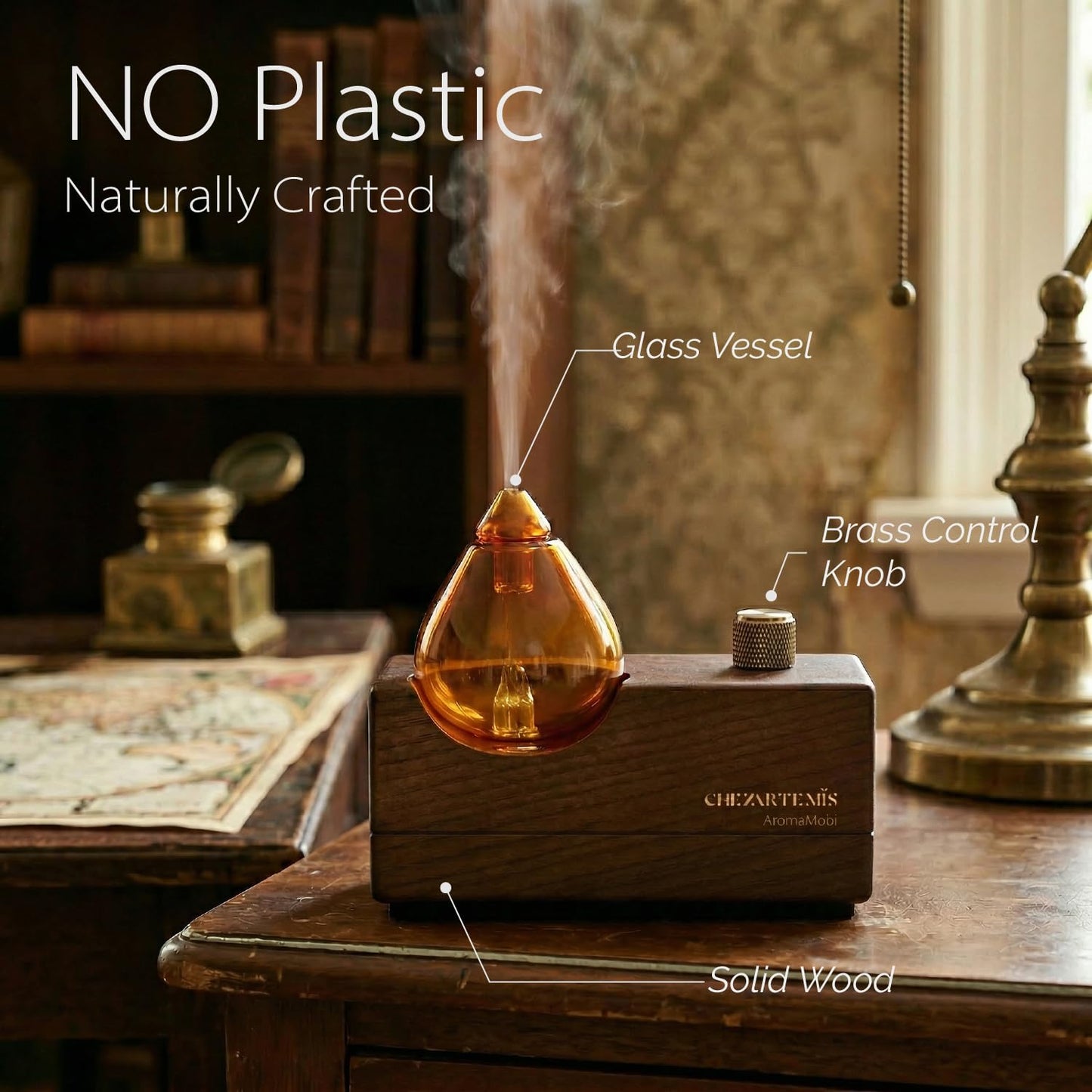 Amber Premium Glass Essential Oil Diffuser with Handmade Wood Base for Aromatherapy, Retro Waterless Scent Diffuser with Cool Mist, Rechargeable & Wireless Oil Nebulizer with LED & Timer, 2026 Model