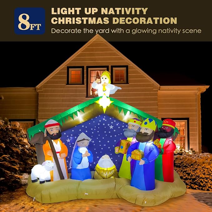 8 FT Christmas Inflatables Nativity Scene Outdoor Decorations, Christmas Blow Up Yard Decorations Nativity Sets for Garden Lawn Xmas Decor