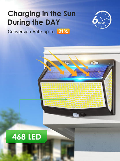 One Fire Solar Lights Outdoor, 468LED+2000LM Super Bright Solar Security Lights with Motion Sensor, 3 Modes Garden Lights Solar Powered Waterproof IP65