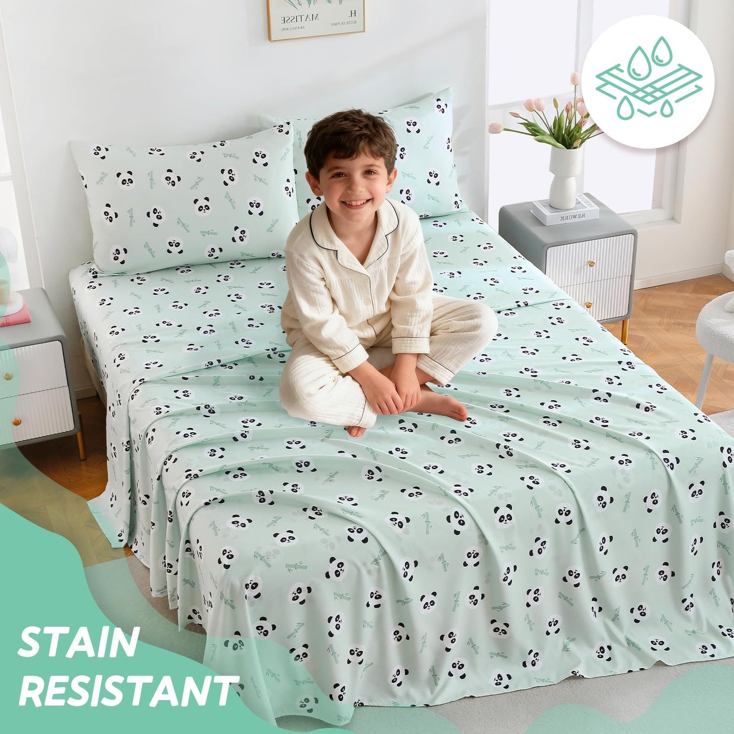 ChicView Twin Sheet Set Kids,3 Pieces Breathable Soft Microfiber Bedsheets for Child Boys Girls, Anti Pilling Deep Pockets Easy Care Bed Sheets, Panda
