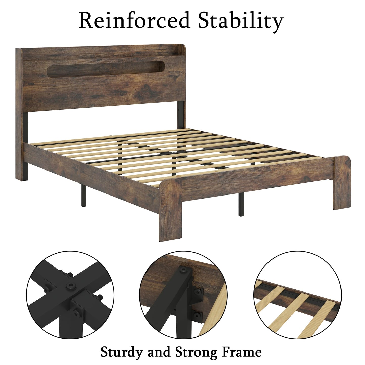 KEIKI King Size Bed Frame with Storage Headboard, LED Lights & Charging Station, Wood Platform Bed Frame with 2 USB Ports & Outlets, Noise Free, No Box Spring Needed, Easy Assembly, Under Bed Storage