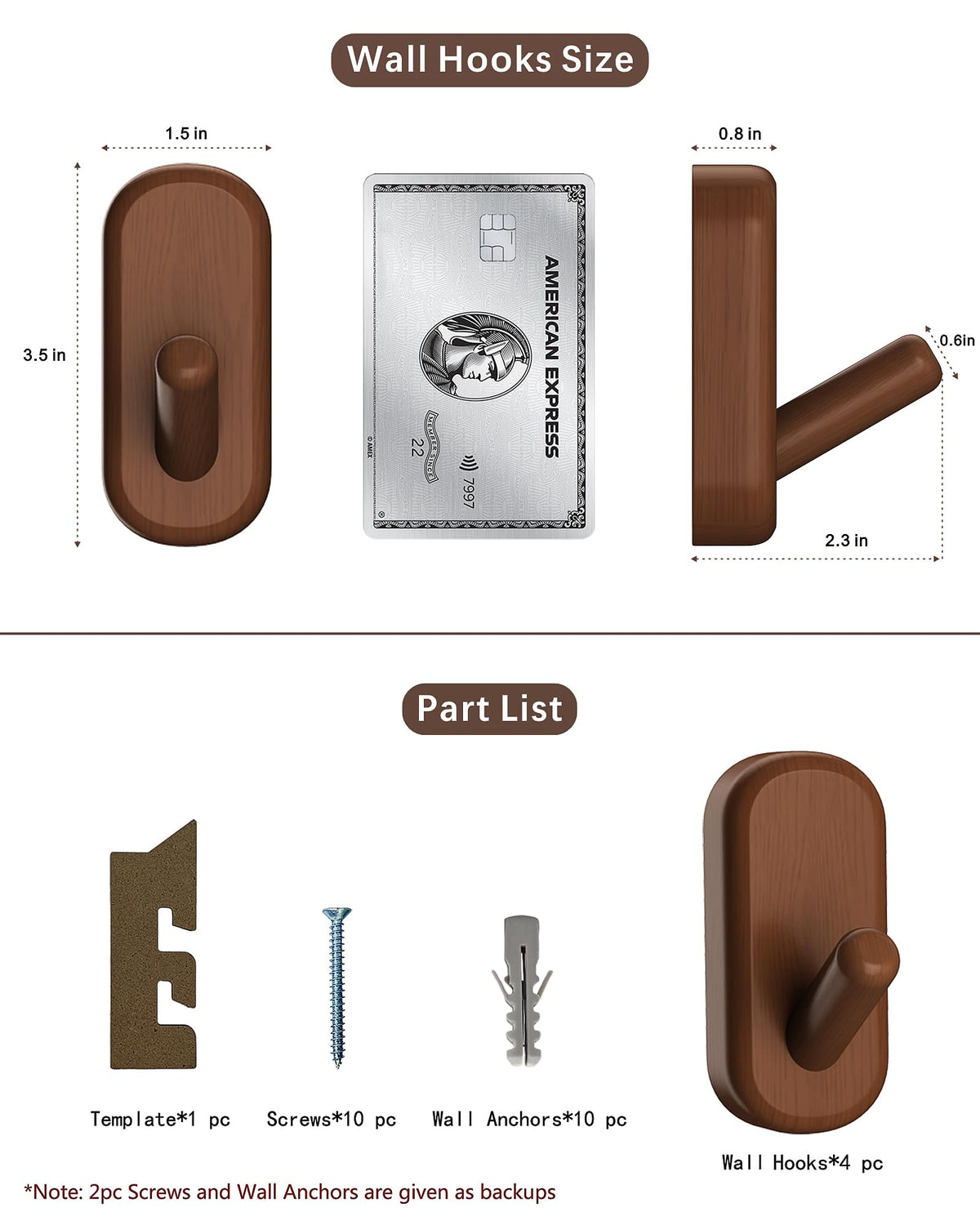 FCOWK Wooden Wall Hooks for Hanging - 4 Pack Heavy Duty Coat Hooks Wall Mount- Solid Walnut Wood Hat, Bag, Backpack & Towel Hooks - Modern Key Holder for Bathroom & Entryway (Dark Walnut)