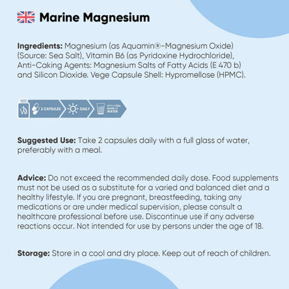 Weightworld Marine Magnesium with Vitamin B6 | 180 Vegan Capsules | 360mg per Serving | 3 Months Supply | Gluten-Free, Non-GMO & GMP-Approved | Magnesium Supplements | Made in The UK