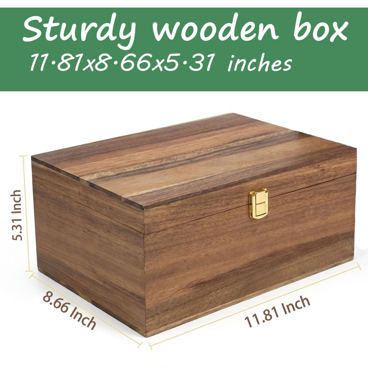 LuckyZoo77 Wooden Keepsake Box with Hinged Lid, Solid Acacia Wood Storage Box with Golden Latch, Large Memory Treasure Box for Photos, Jewelry, Letters & Gifts, 11.8” x 8.66” x 5.31”