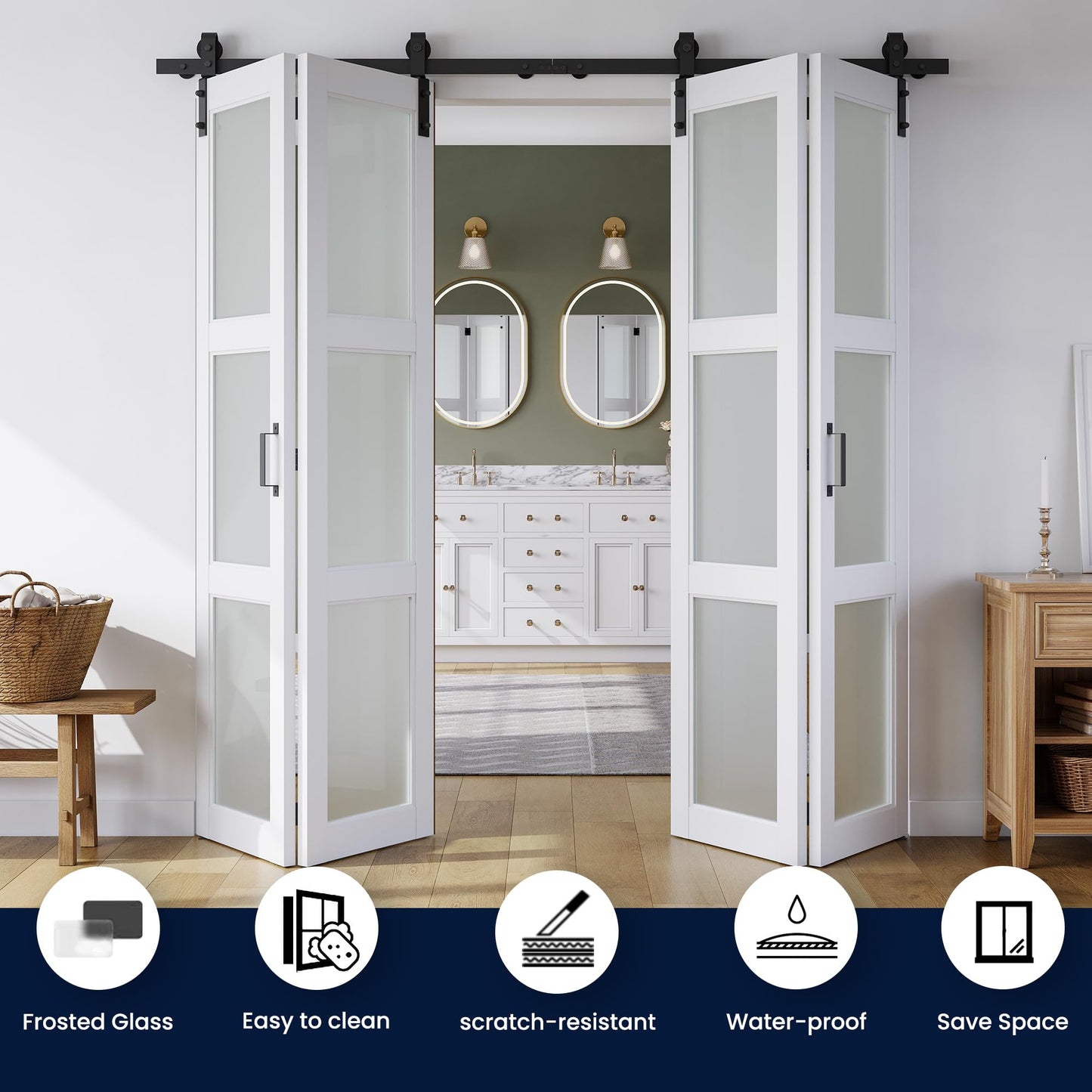 SMARTSTANDARD 80in x 84in Bifold Barn Door, Frosted Glass Barn Door with Hardware Kit Included, Pre-Drilled Holes Easy Assembly -Solid Barn Doors Slab Covered with Water-Proof PVC Surface, White