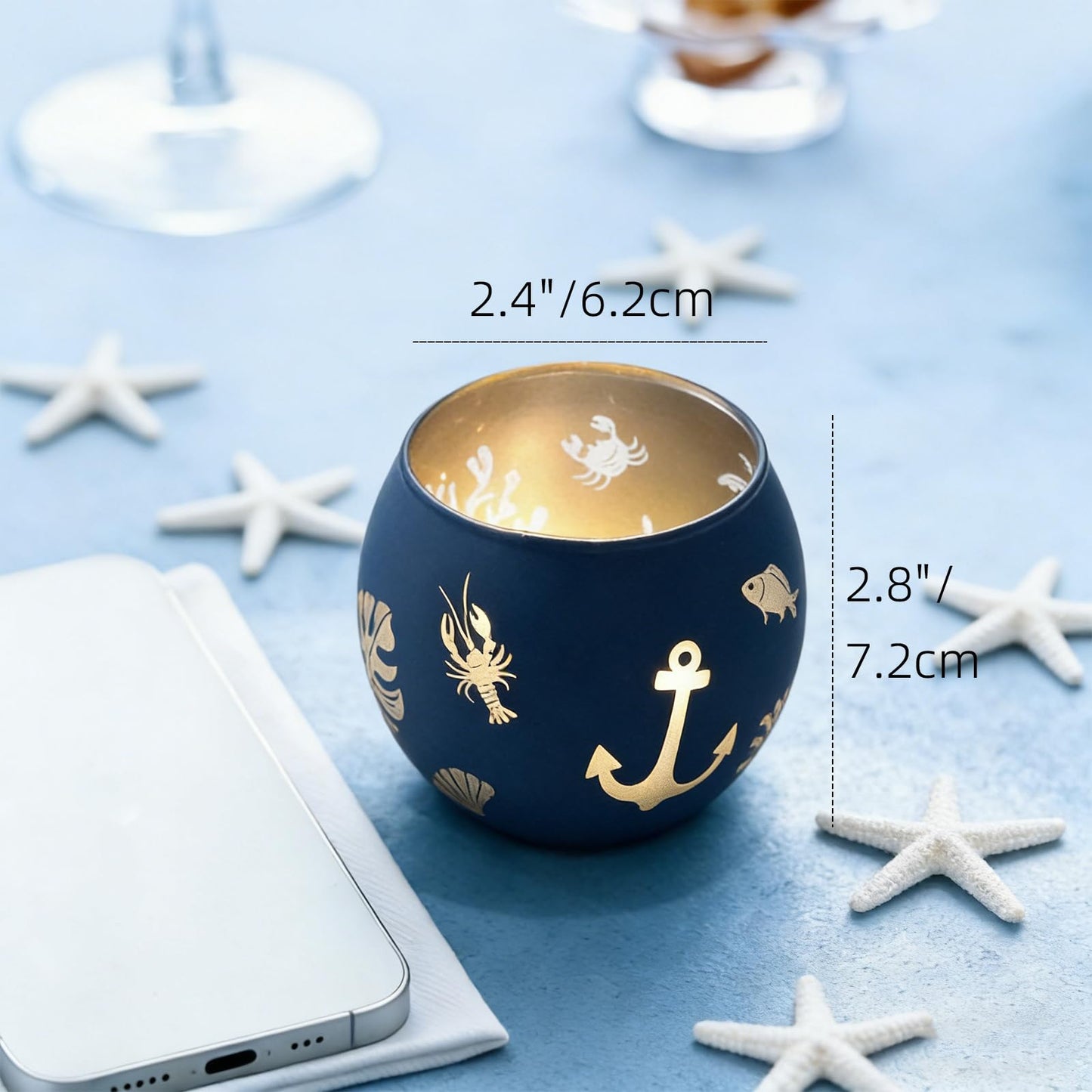 Coastal Ocean Glass Votive Candle Holders Set of 4, Laser Etched Nautical Tealight Holders with Anchor, Palm Tree & Sea Life Patterns, Summer Blue Glass Centerpiece for Home Spa Party Gift
