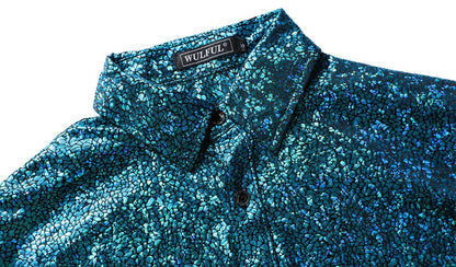 WULFUL Men Dress Shirt Sequins Long Sleeve Button Down Shirt Luxury Disco Party Nightclub Christmas Prom Costume
