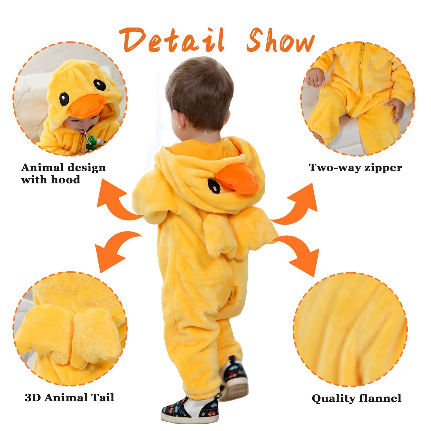 Doladola Unisex Baby Toddlers Romper Jumpsuit Hooded Cartoon Sleepsuits Infant Outfit (18-24 Months, Yellow Duck)