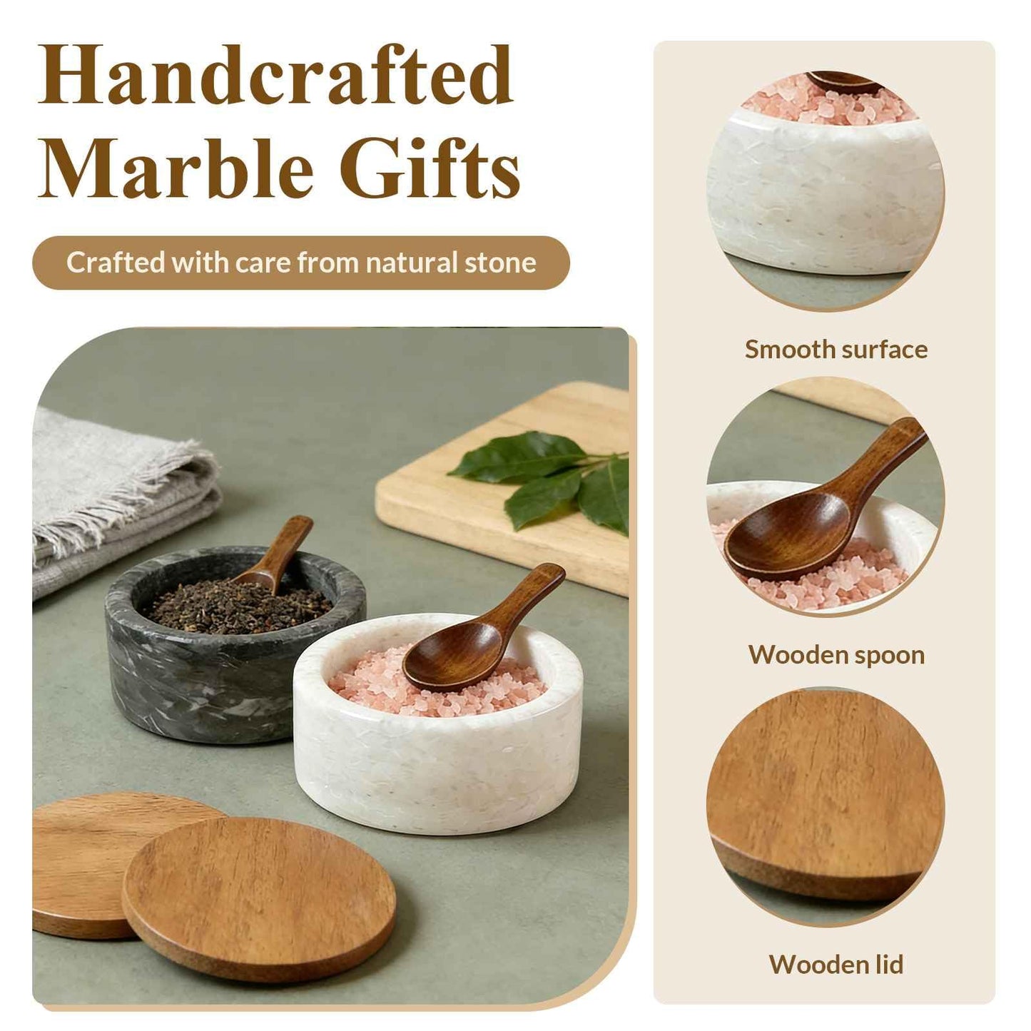 ZJSYTQS White Marble Salt cellar. Spice jars with Acacia Wood Lid and Spoon, Elegant Modern Handcrafted Container for Countertop