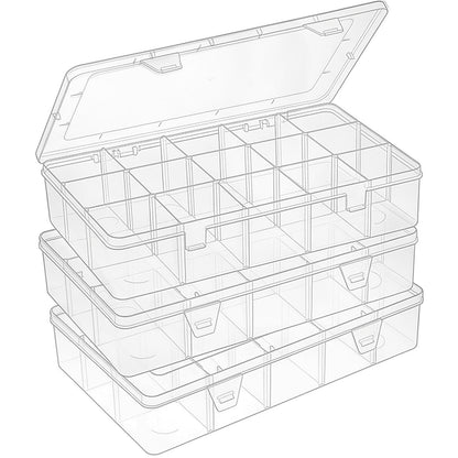 SGHUO 3 Pack 15 Grids Large Plastic Storage Organizer Box,15 Compartments with Dividers for Tackle Box, Beads, Washi Tape, Ribbon, Crafts, Art Supply 10.9X6.5X2.2inch
