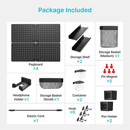 PEGZONE Pegboard Wall Organizer Combination Kit,Overall 33.1"x25.4" Metal Office Pegboard with 21 Accessories, Wall Mounted Peg board Display Panels for Home, Gaming Room, Garage (4Pcs,Black)