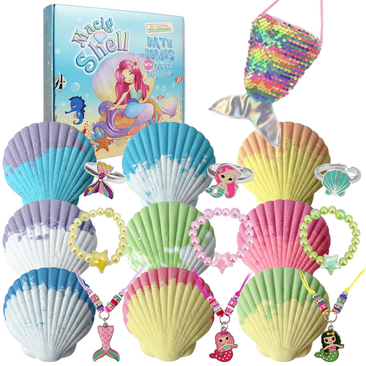 Magic Shell Bath Bomb Gift Set for Kids, 9 Pack Bath Bombs with Little Mermaid for Girls, Organic Bath Bombs with Surprise Inside.