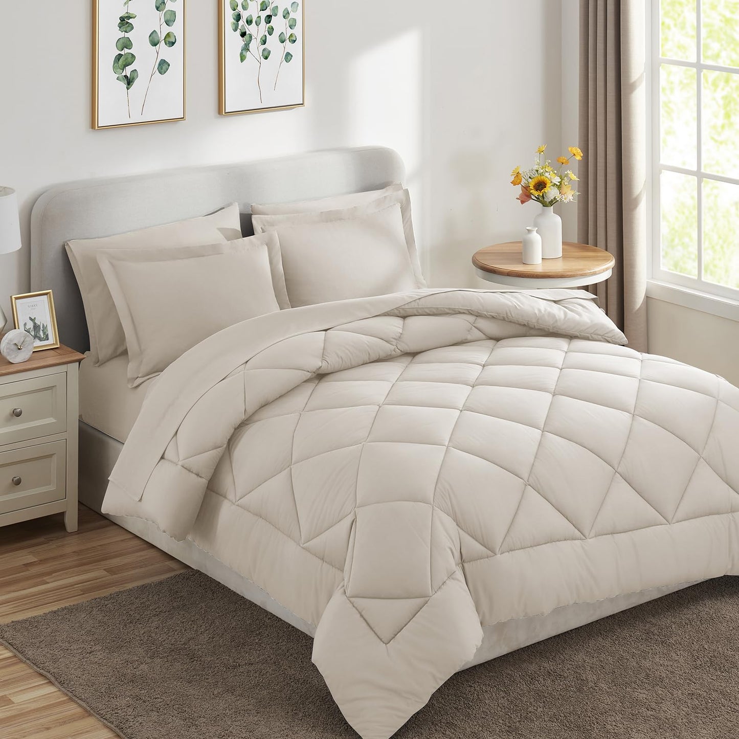 CozyLux Queen Comforter Set Beige - Bed in a Bag Queen Size 7 Pieces, Luxury Soft Bed Set for All Seasons, Bedding Set with Down Alternative Comforter, Sheets, Pillowcases & Shams
