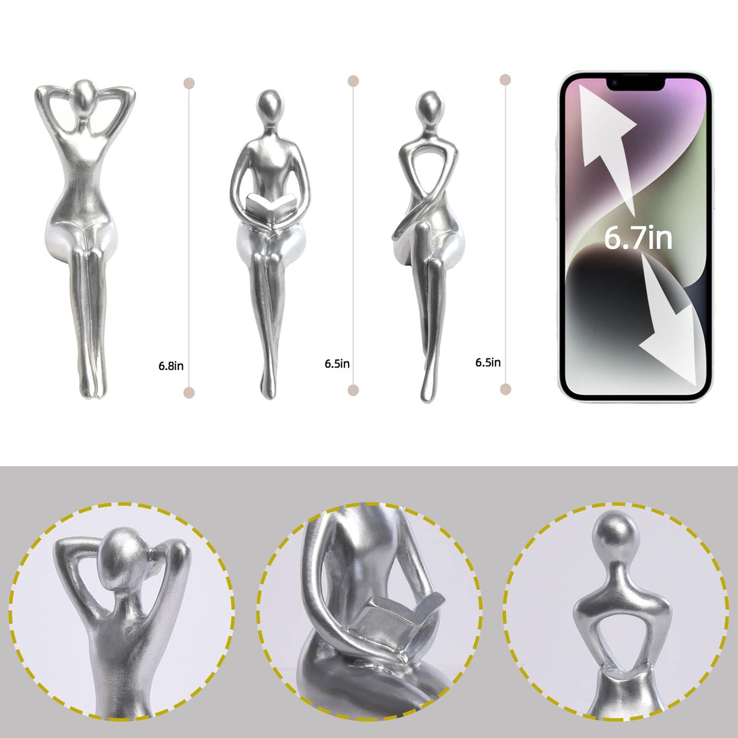 Quoowiit Thinker Statue Office Desk Decor, Silver Art Sculpture Ornament Coffee Table Bookshelf Decor Modern Home Unique Home Decorations for Living Room 3 Piece
