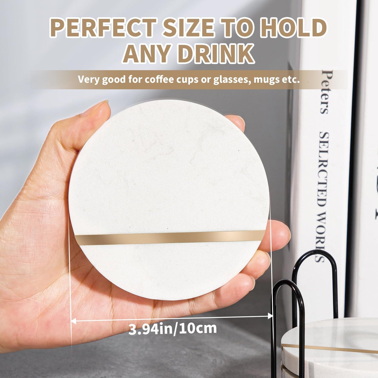 LiWiBet White Marble Coasters for Drinks with Holder Set of 4, Round Stone Coasters 3.94 Inches Elegant for Home Bar & Coffee Table Accessories Office Kitchen & Dining, Home Decor & Protection